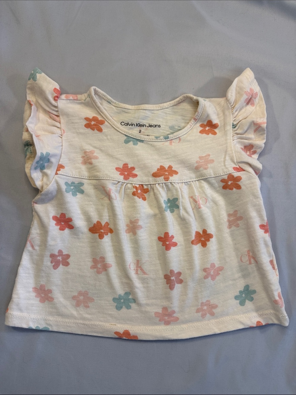 Calvin Klein Jeans Cream Tee with Coral & Light Blue Floral Pattern